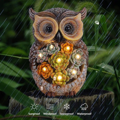 FORUP Owl Garden Statue, Resin Owl Figurine Garden Lawn Ornaments with Solar LED Lights for Outdoor Yard Garden Decorations