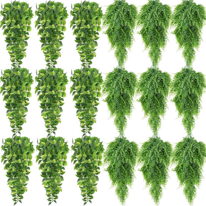Hoteam 18 Pcs Artificial Hanging Plants 32 Inch Fake Ivy Vines with Fake Leaves Patio Artificial Plants Greenery for Living Room Indoor Outdoor Wall, No Basket (Pothos,Persian Grass)