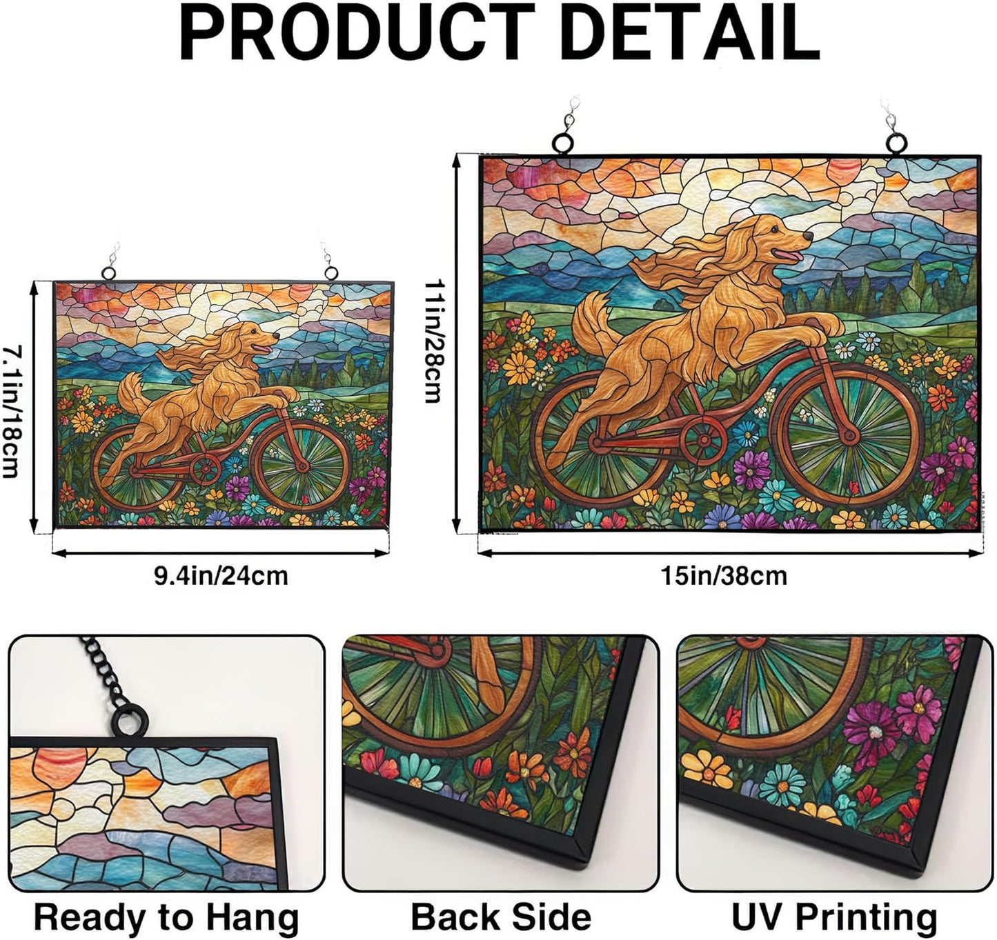 Personalized Rectangle Boho Golden Retriever Biking in Wildflowers Stained Glass Suncatcher Stained Glass Window Hangings Birthday Gift for Mom Grandma Teacher Women Friend Memorial Hook