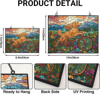 Personalized Rectangle Boho Golden Retriever Biking in Wildflowers Stained Glass Suncatcher Stained Glass Window Hangings Birthday Gift for Mom Grandma Teacher Women Friend Memorial Hook