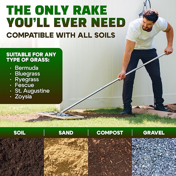 Oris Garden® Lawn Leveling Rake 36 inch - Ground Leveler for yard, sand, soil, grass - Dirt leveling tool, heavy duty stainless steel rakes for golf, grading, gravel, pool seeding, levelling (36 inch)
