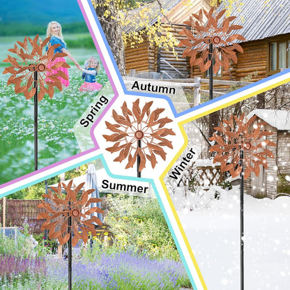 Metal Outdoor Wind Spinner, 2-Way Wind Sculpture Spinner with Metal Stake, Waterproof 360 Degrees Kinetic Windmill Art Decoration for Patio Garden Lawn (Rust)