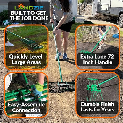 LANDZIE - The Original Lawn Leveling Rake – 48" Steel Handle Yard Leveler, Lawn Level Tool for Creating a Flat Surface - Works for Soil, Dirt, Topdressing, and Ground