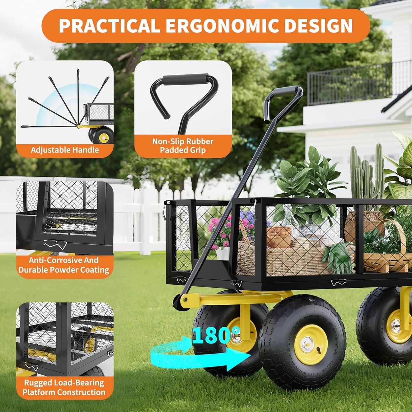 Metal Wagon - 500lbs Garden Cart with 10" Multi-Terrain Tires, 4 Removable Mesh Sides & 180° Swivel Handle, Yard Wagon Cart for Lawn, Yard, Patio Gardening