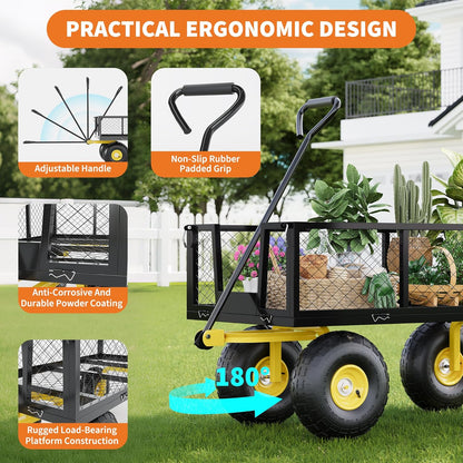 Metal Wagon - 900lbs Garden Cart with 10" Multi-Terrain Tires, 4 Removable Mesh Sides & 180° Swivel Handle, Yard Wagon Cart for Lawn, Yard, Patio Gardening