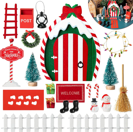 Haooryx 22Pcs Christmas Magic Wooden Miniature Fairy Doors Accessories, Christmas Elf Magic Door for Wall Fairies Magical Door Decoration Christmas Party Outdoor Xmas Decor (Bow Tie)