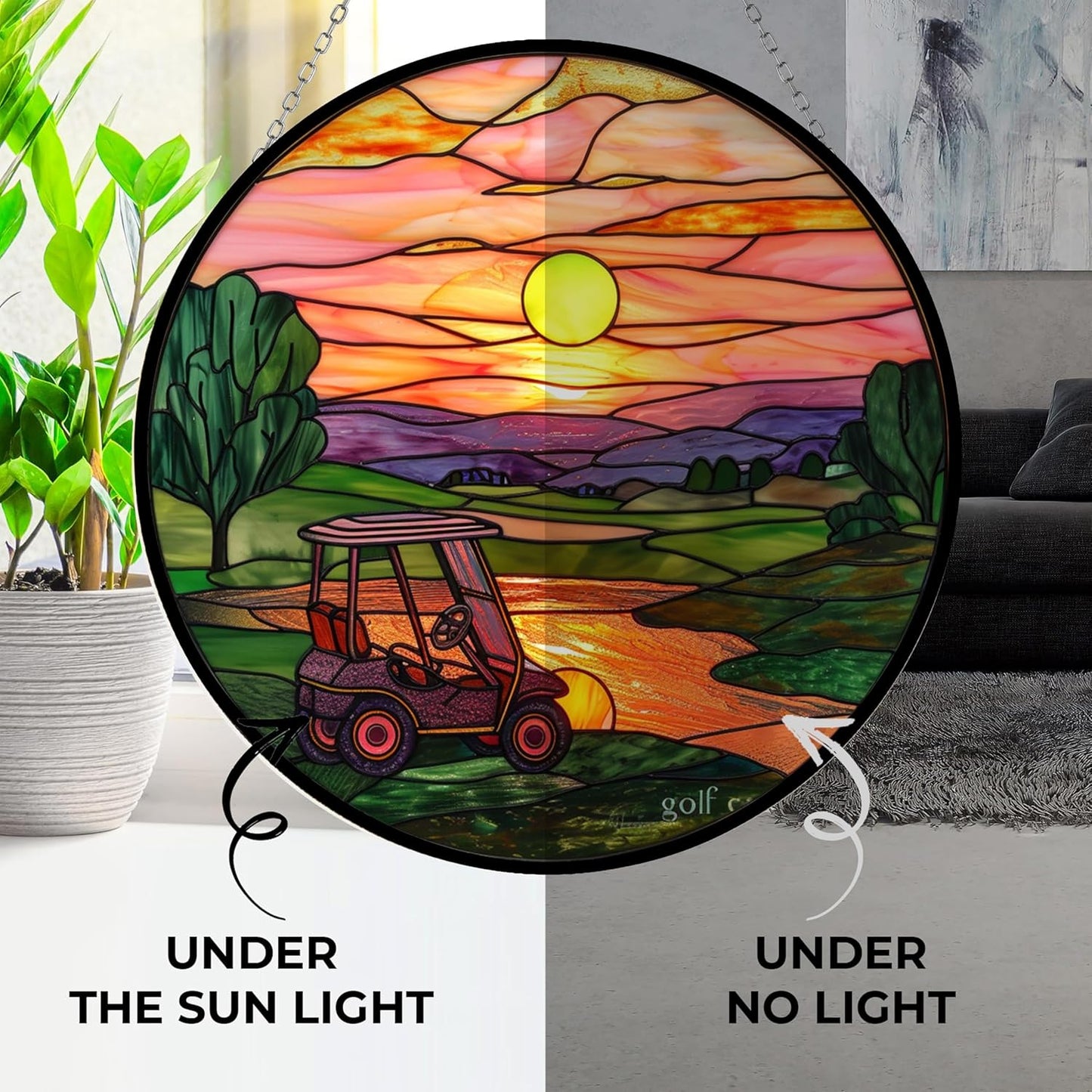 Golf Cart Stained Glass Sun Catcher, Wall Hanging Colored Decor Room Indoor Window Decor, Halloween, Christmas Hanging Ornament Mother Day