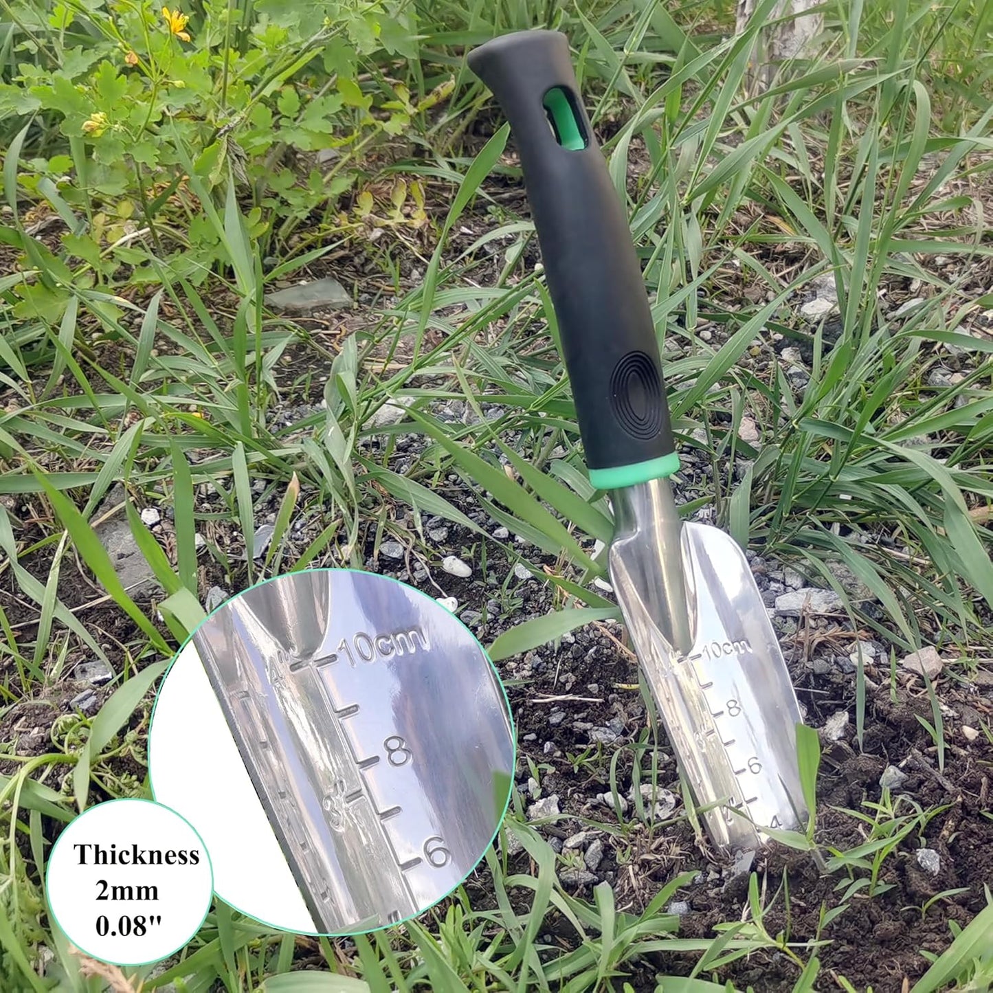 Garden Tools Set, 5 Piece Aluminum Hand Tool Kit with Ergonomic Handle, Heavy Duty Gardening Tools Include Hand Trowel, Transplant Trowel, Hand Rake, Weeder and Shears (Green)