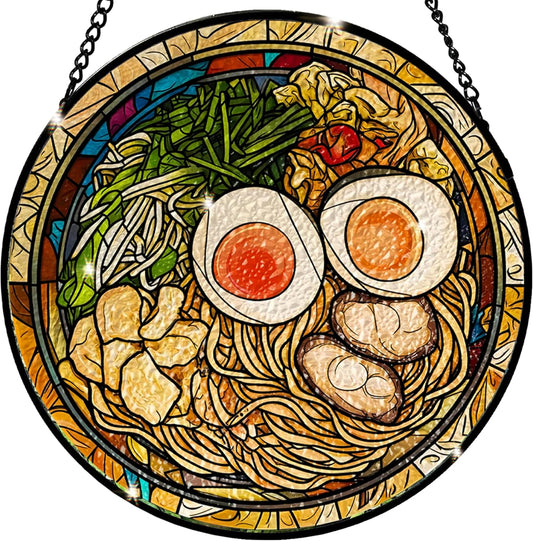 Japanese Ramen Stained Glass Suncatcher - 7.87 Inch Kitchen Decor, Stained Glass Window Hanging for