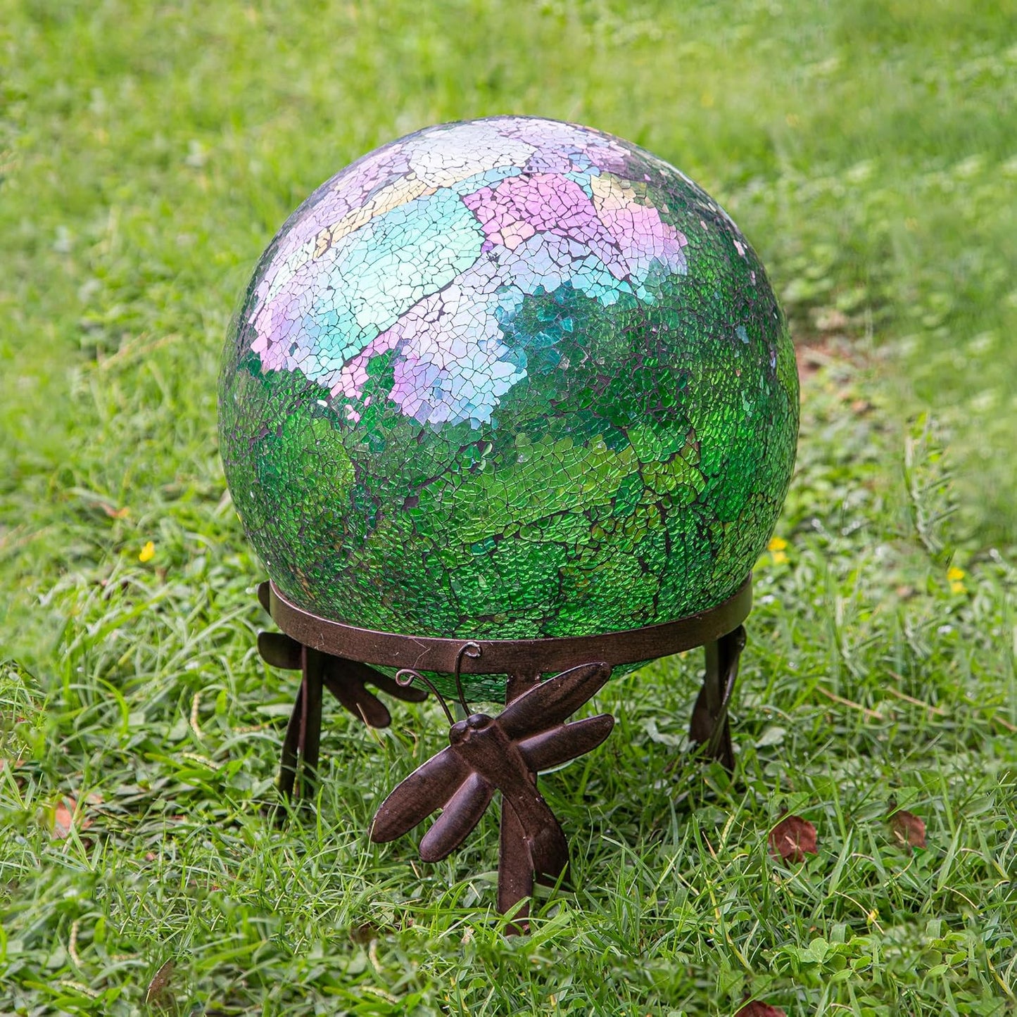 Wrought Iron Gazing Ball Stand for 10 or 12 Inch Gazing Balls – Low-Profile Garden Orb Holder, Outdoor Decorative Display for Yard, Patio, and Lawn Decor，Dragonfly