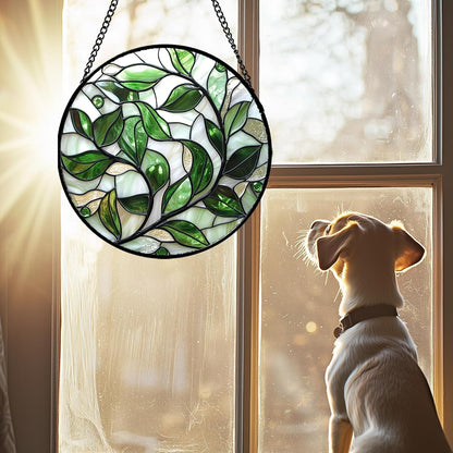Stained Glass Window Hanging - White Green Leaves Suncatcher for Doors Window Home Plant Sun Catchers Decor Christmas Mother's Day Birthday Gifts for Teacher Women Men Mom Nana 15 in