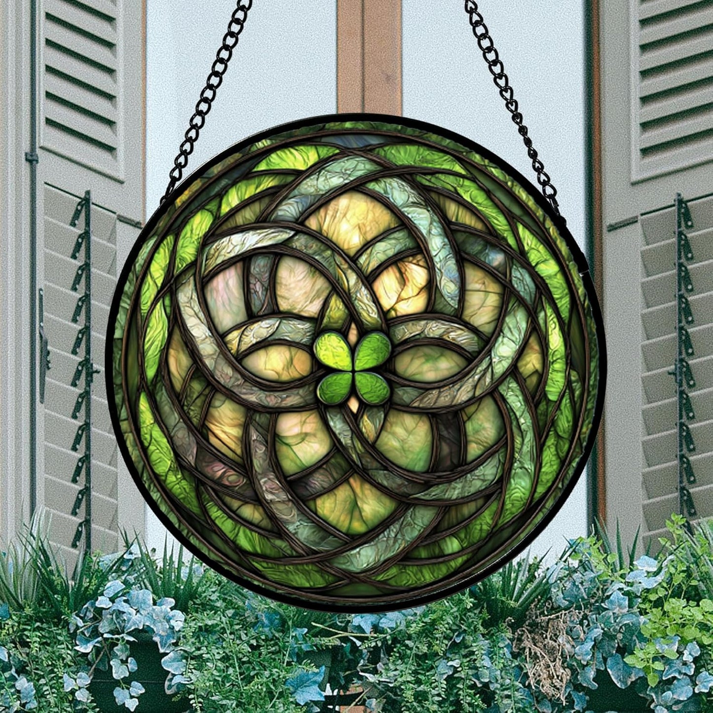 Stained Glass Window Hanging, Abstract Green Clover Sun Catchers Colorful Glass Panel Bless Suncatcher Decor for Birthday for Women, Men, Wife, Aunt, and Mom 14.9x14.9 in