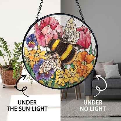 TNUW Bee Flower Stained Glass Window Hanging, Cottagecore Honey Bee Wildflower Sun Catchers Indoor Window Glass Round Wall Art Decor, Floral Wall Hanging Decorations, 7.9＂x7.9＂