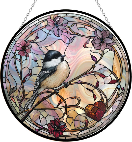 Easter Chickadee Suncatchers for Windows,6.3” Stained Glass Window Hangings,Hand-Painted Glass