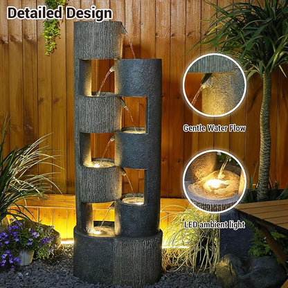 51" Outdoor Water Fountain Waterfall Fountain Outdoor Garden Water Feature Durable Resin Fiberglass with LED Lights, Pump, Natural Stones for Garden, Living Room, Patio