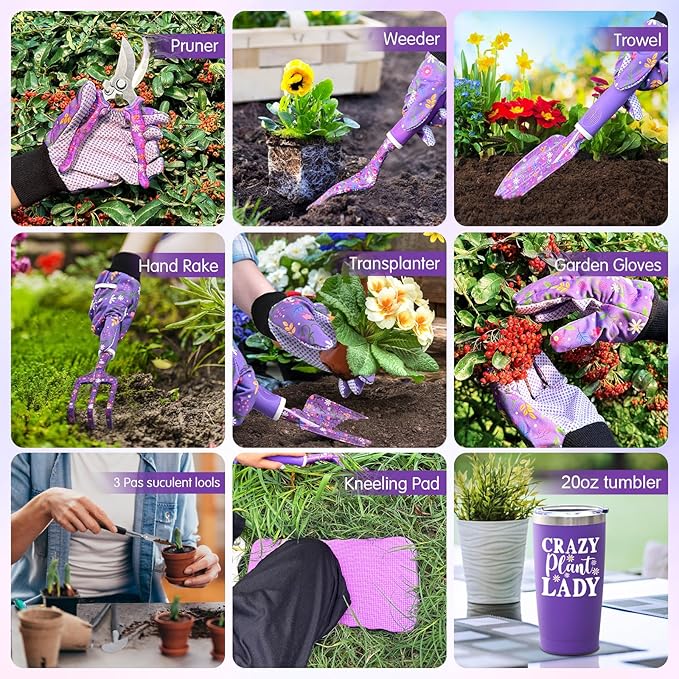Gardening Gifts for Women, Gardening Tools for Women, 14 PCS Garden Tools Set Kit with Garden Tool Bag, Plant Lover Christmas Birthday for Mom Grandma Aunt, Purple