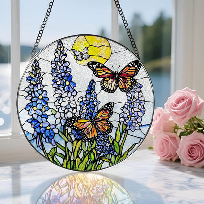 Stained Glass Window Hanging, 8 Inch Lavender & Butterfly Sun Catcher Decor, Stained Glass Ornament, Suncatchers for Windows Hanging, Window Decor, Gifts for Butterfly Lovers, Flower Lovers Gifts