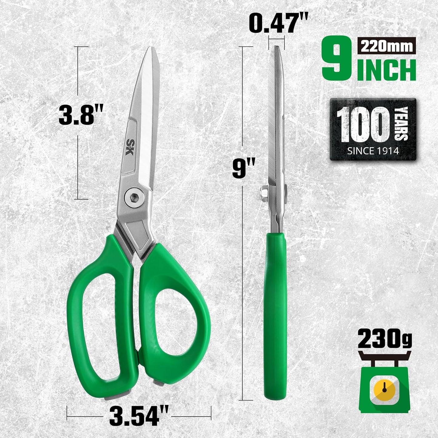 SK 9" Heavy Duty Scissors, All Purpose Shears, Premium CR-V Steel Construction, One Piece Drop Forged Blades, Ergonomic Handle for Comfortable Grip