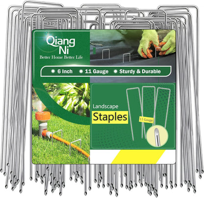 Qiang Ni Garden Stakes Adjustable-Width: 6 Inch U-Shaped Landscape Staples 11 Gauge - Hot-dip Galvanized Steel Outdoor Decoration Anchors SOD Pins for Yard Tent Fence Ground Stakes - 200 Pack