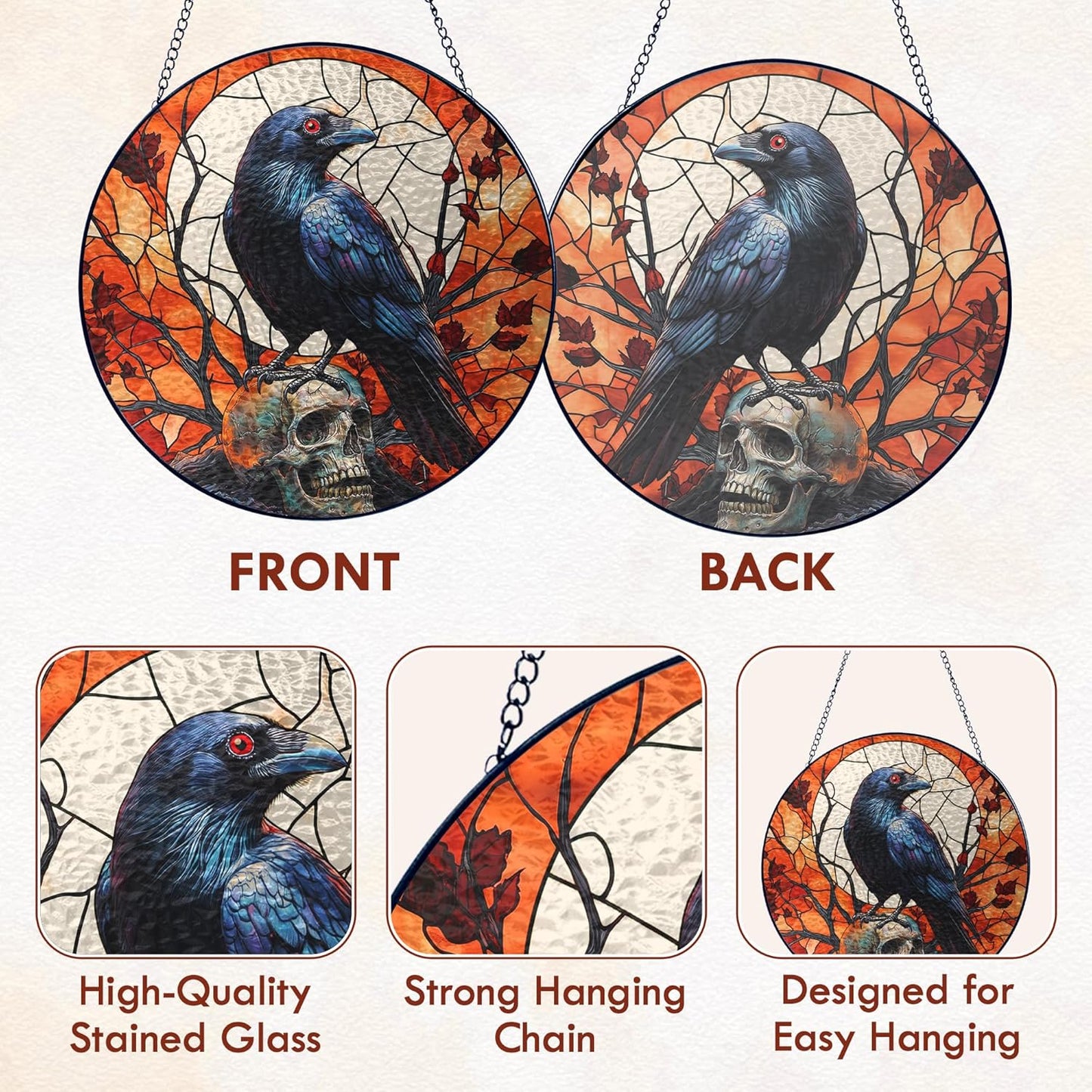 FLAGWIX Halloween Decorations Indoor - Stained Glass Window Hanging 8 in - Gothic Raven Skull Sun Catcher, Crow Halloween Decor, Black Crows Sun Catchers Indoor Window, Fall Decorations for Home