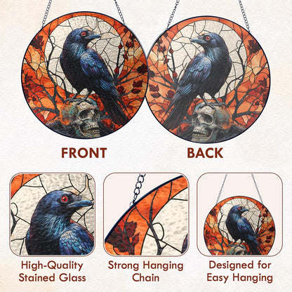 FLAGWIX Halloween Decorations Indoor - Stained Glass Window Hanging 8 in - Gothic Raven Skull Sun Catcher, Crow Halloween Decor, Black Crows Sun Catchers Indoor Window, Fall Decorations for Home
