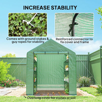 Outsunny 8' x 6' x 7' Walk-in Greenhouse, PE Cover, 4-Tier Shelves, Steel Frame Hot House, Roll-Up Zipper Door for Flowers, Vegetables, Saplings, Tropical Plants, Green
