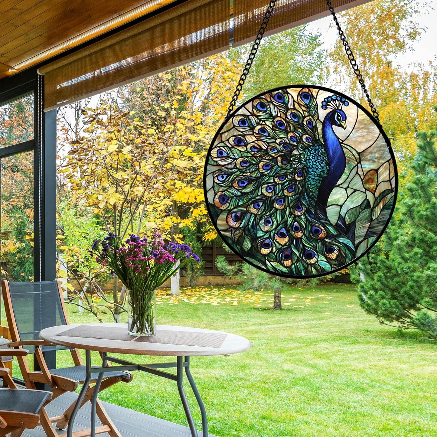 Stained Glass Window Hanging, Blue Green Peacock Decor Suncatcher for Door Garden Home Decoration Bird Sun Catchers Christmas Mother's Day Birthday Gifts for Women Men Mom Nana Friend 11.8 in