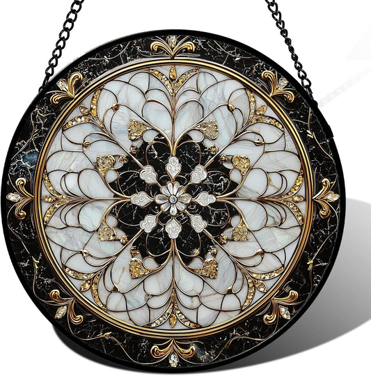 Stained Glass Window Hanging, Black and White Gold Boho Pattern Suncatcher for Doors Window Home