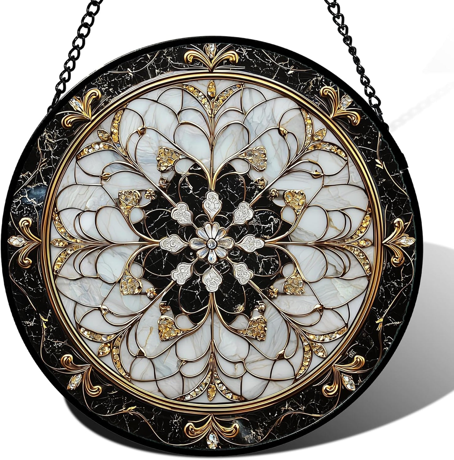 Stained Glass Window Hanging, Black and White Gold Boho Pattern Suncatcher for Doors Window Home Abstract Flower Sun Catchers Decor Mother's Day Birthday Gifts for Women, Men Mom 7.8 in