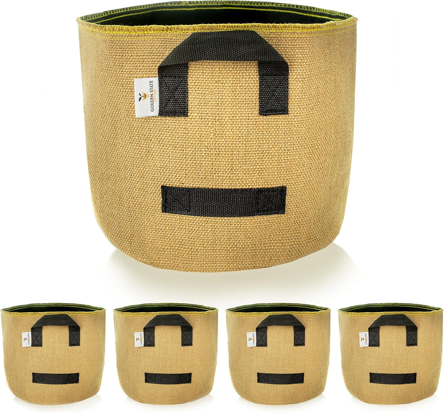 Grow Bags: 5-Pack (Size: 1 Gallon): Thick Jute Material + Inside Felt Fabric Liner, w/Yellow Stitch. Very Biodegradable and eco-Friendly Material. (Handles + Dumping Handles-pat.Pend).
