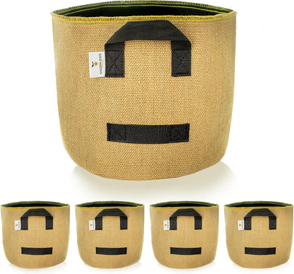 Grow Bags: 5-Pack (Size: 1 Gallon): Thick Jute Material + Inside Felt Fabric Liner, w/Yellow Stitch. Very Biodegradable and eco-Friendly Material. (Handles + Dumping Handles-pat.Pend).