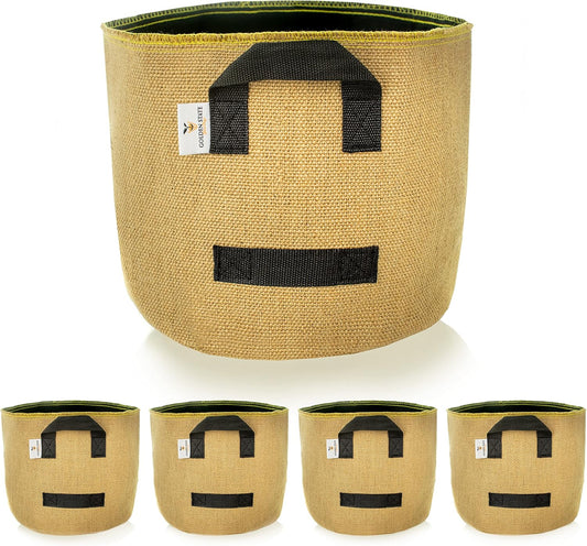 Grow Bags: 5-Pack (Size: 1 Gallon): Thick Jute Material + Inside Felt Fabric Liner, w/Yellow Stitch. Very Biodegradable and eco-Friendly Material. (Handles + Dumping Handles-pat.Pend).