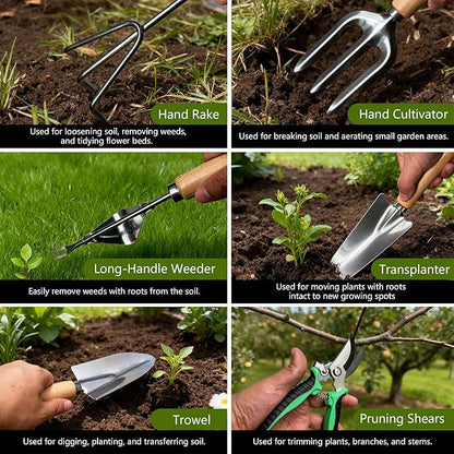Garden Tool Set,10 Pcs Heavy Duty Gardening Hand Tools Set with Soil Moisture Meter and Storage Tote Bag,Rust-Proof Garden Supplies Kit for Planting,Ideal Gardening Gifts for Women