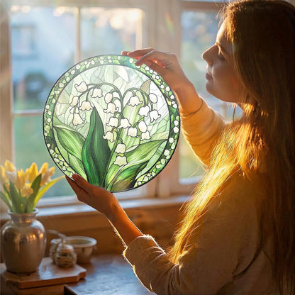 Lily of the Valley Stained Glass Sun Catcher - Handmade 7.87 inches stained glass window hanging decoration with green plant pattern, home decoration, a unique gift for colleagues, friends and family.