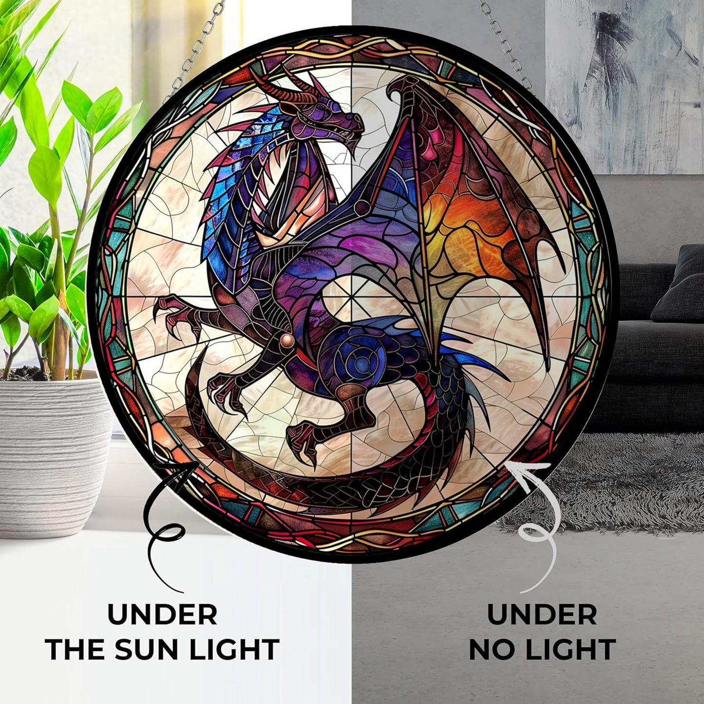 Dragon Stained Glass Suncatcher 4 Season Theme Colorful Leaves Window Wall Hanging Ornament Hand-Painted Glass Panel Decor Gift for Women Christmas Thanksgiving Gift 6.3"
