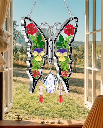 KY&BOSAM Crystal Butterfly Suncatchers for Windows Hanings Stained Glass Wind Chimes with Metal Charms Colorful Rainbow Prisms Garden Decor for Mom Grandma Christmas Wedding Gifts 8" Hanging Ornament