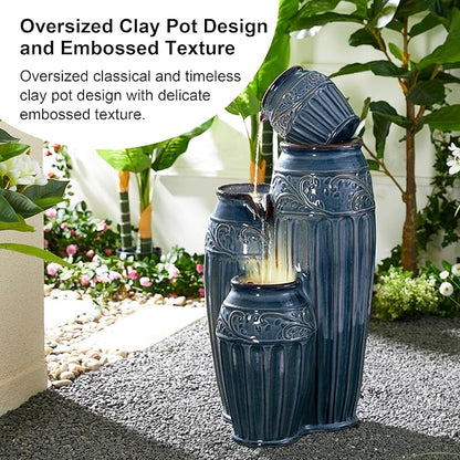 Glitzhome 35.5" H Oversized Outdoor Water Fountain with LED Lights and Pump, 4 Tier Turquoise Embossed Pattern Ceramic Pots Fountains, Cascading Standing Fountain for Porch Deck Garden Patio Backyard