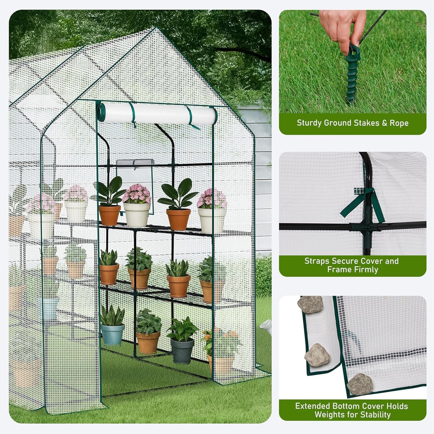 Outvita Walk-in Greenhouse, Outdoor Durable PE Plant Green House for Frost Protection with 3 Tiers 12 Shelves, Shelf Clips, Roll-up Zipper Door, 56"x85"x77" White