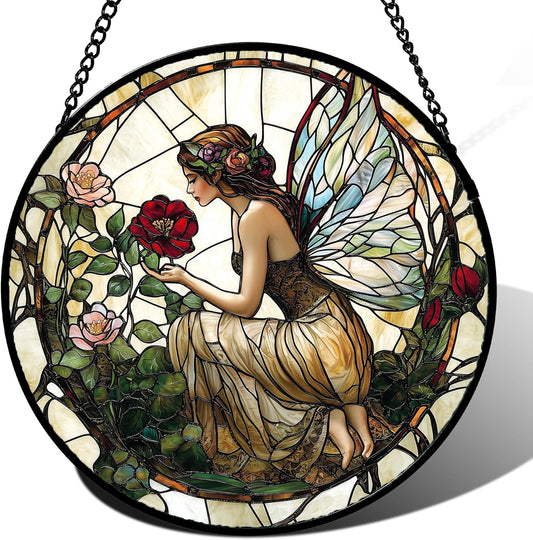 Stained Glass Window Hanging - Butterfly Flower Fairy Suncatcher for Door Terrace Garden Home Decor