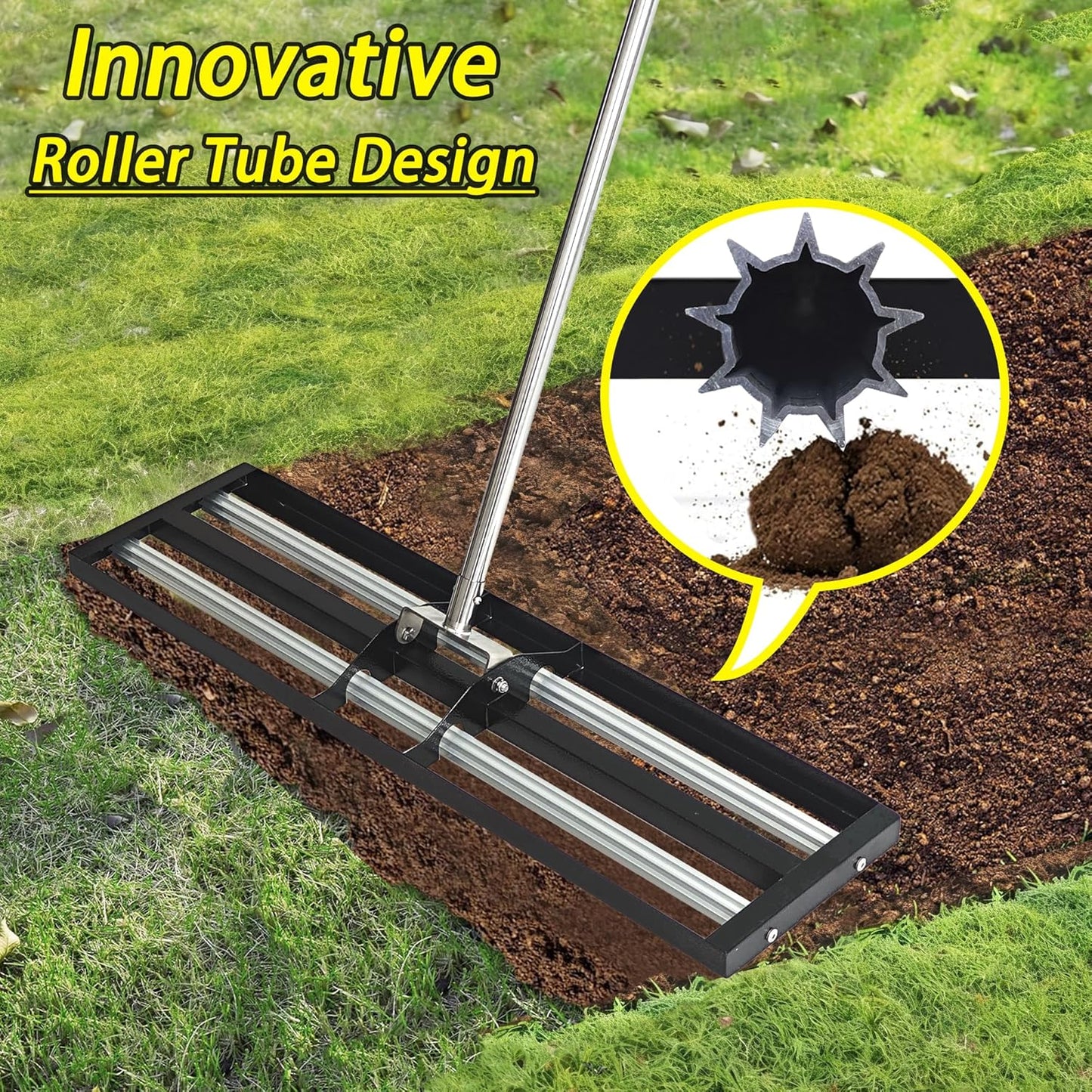 48"x10"Lawn Leveling Rake with Aluminum Rollers, Stainless Steel Yard Lawn Leveler Tool with Adjustable Long Handle, Yard Leveling Rake Suit, Levelawn Tool for Soil, Grass, Golf Course, Garden, Farm