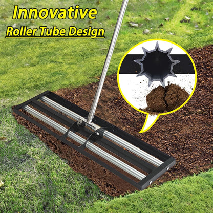 36"x10"Lawn Leveling Rake with Aluminum Rollers, Stainless Steel Yard Lawn Leveler Tool with Adjustable Long Handle, Yard Leveling Rake Suit, Levelawn Tool for Soil, Grass, Golf Course, Garden, Farm