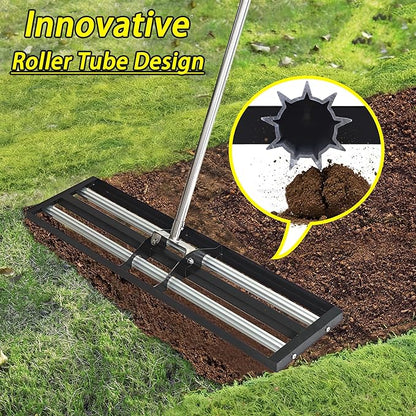 17"x10"Lawn Leveling Rake with Aluminum Rollers, Stainless Steel Yard Lawn Leveler Tool with Adjustable Long Handle, Yard Leveling Rake Suit, Levelawn Tool for Soil, Grass, Golf Course, Garden, Farm