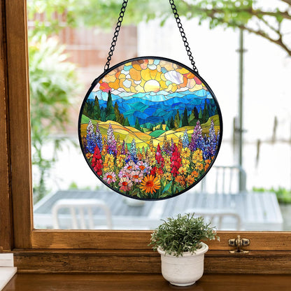 TNUW Flower Stained Glass Window Hanging, Cottagecore Sunset Colorful Wildflower Landscape Sun Catchers Indoor Window Glass Round Wall Art Decor, Floral Wall Hanging Decorations, 7.9＂x7.9＂