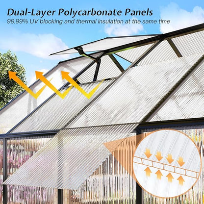 Jocisland 6x8x6.3 FT Polycarbonate Greenhouse for Outdoors with 2 Windows, Dual Swing Doors, Aluminum Walk-in Frame, Heavy Duty Garden Greenhouse for Backyard, Black