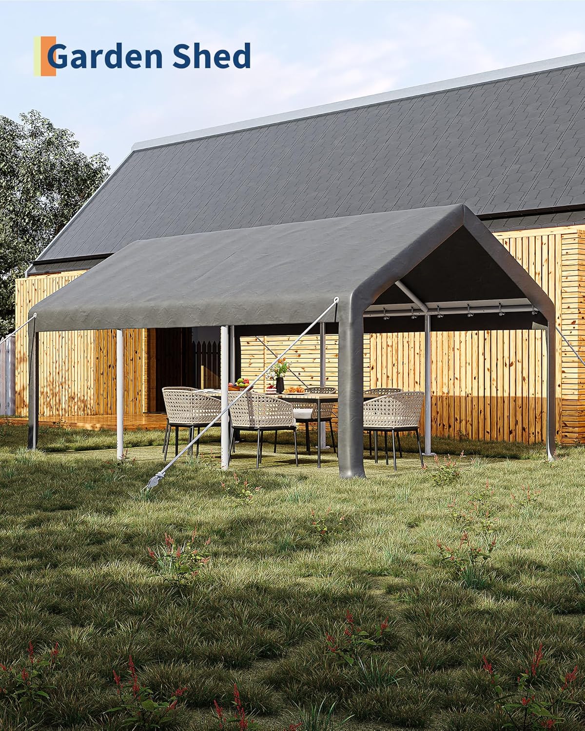 GarveeLife 13x20 ft Carport with 8 Sandbags, Car Port with 220 g PE Tarp, 2 Roll-Up Doors, and 4 Windows, for Full-Size Pickups, Bass Boats, Tractors, and SUVs, Gray