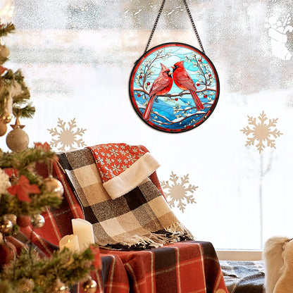 Cardinal Suncatcher Stained Glass Window Hanging Decor, Winter Christmas Cardinal Stained Glass Wall Decor, Christmas Bird Lawn Garden Sun Catchers Indoor Window Hanging Wall Art, 7.9x7.9In