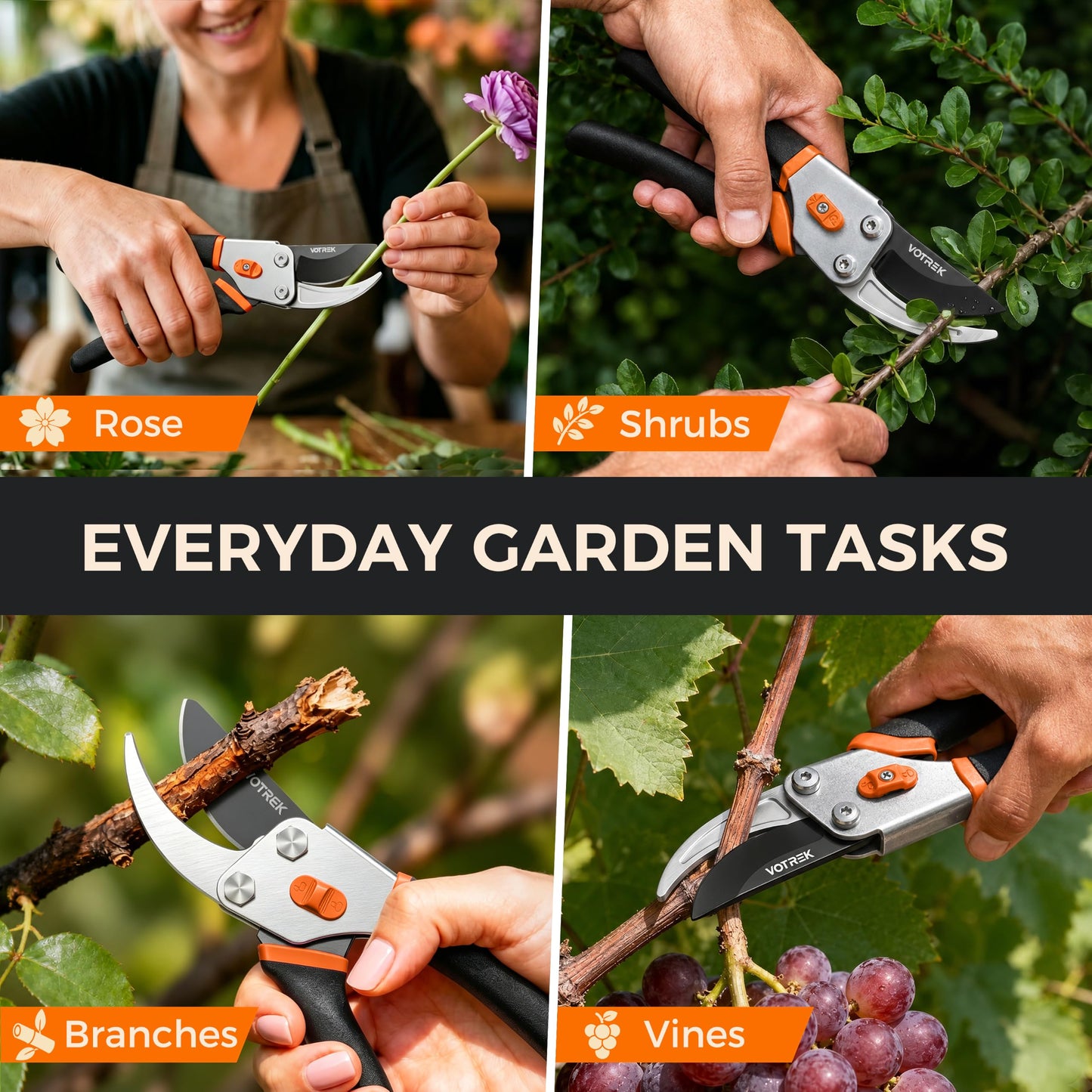 VOTREK® 8.5" Bypass Pruning Shears, Jam-Proof Spring Clippers for branches