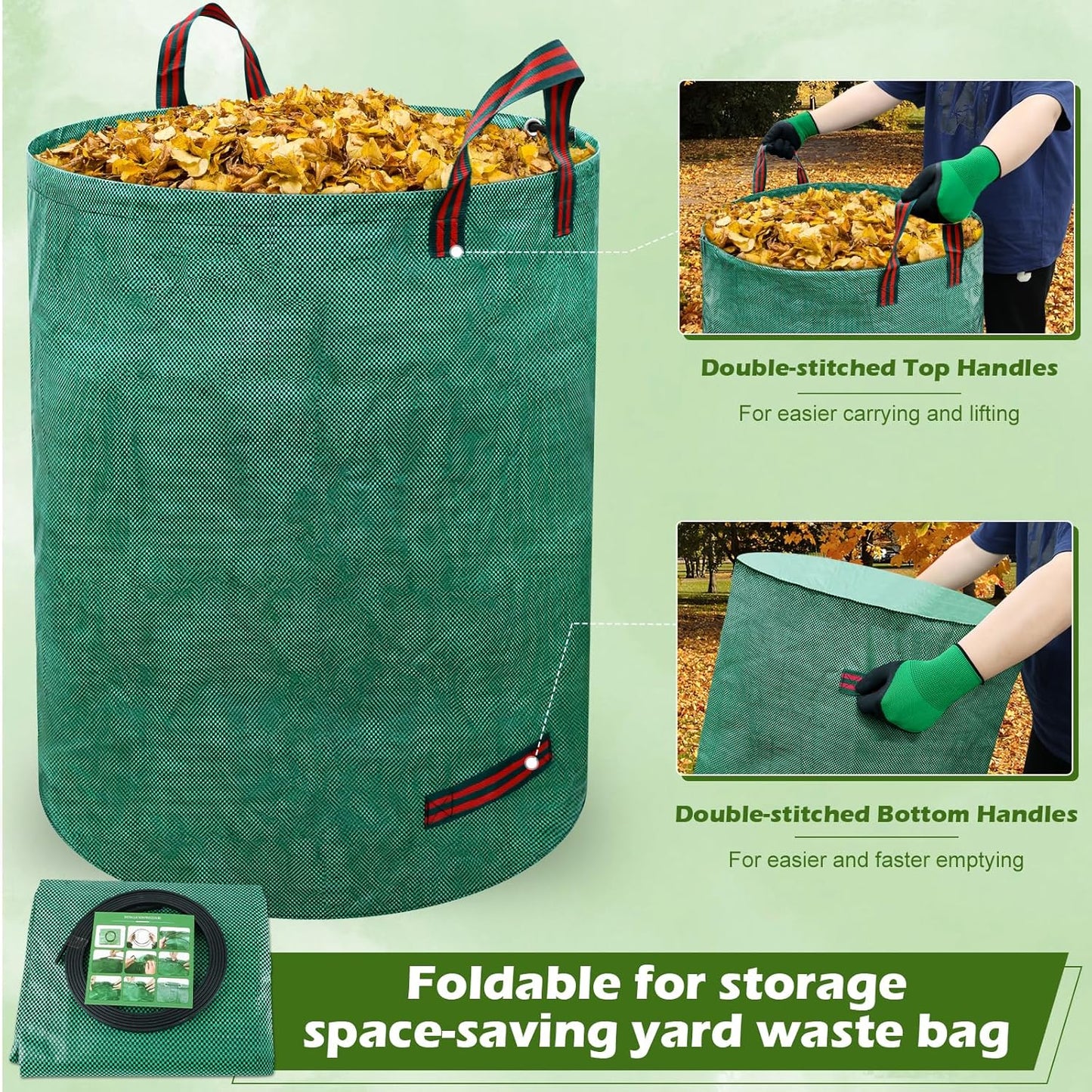 63 Gallons Lawn and Leaf Bags,Reusable Yard Waste Bags with Gardening Gloves,Heavy Duty Garden Bags with 4 Handles for Lawn Care, Camping & Recycling(3 Pack）