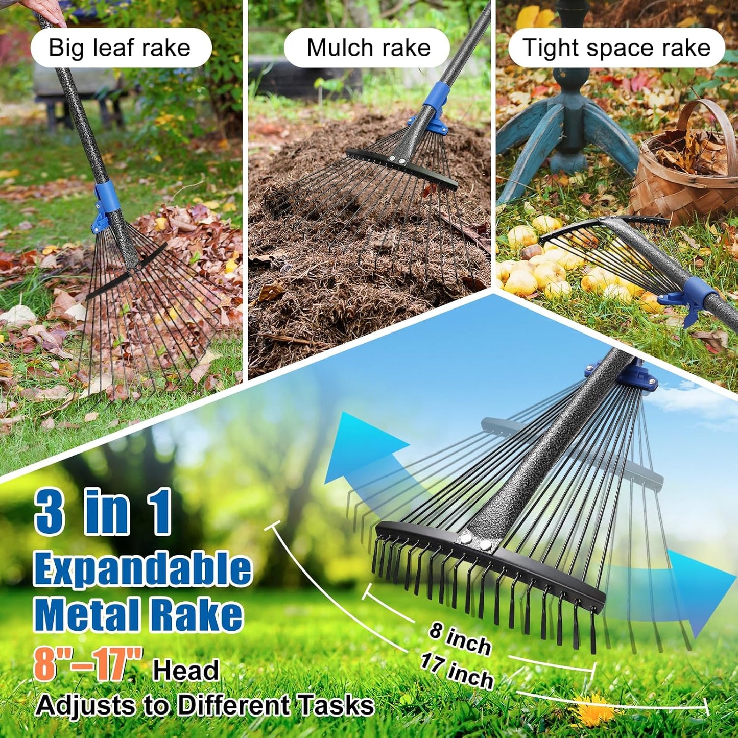 Rake for Leaves: Adjustable Metal Leaf Rake for Lawn, 8-17" Expandable Head, 65” Long Handle,Collapsible Heavy Duty Women Kids Garden Rakes for Yard Pine Needles Mulch Grass Debris Gardening Camping
