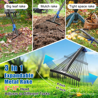 Rake for Leaves: Adjustable Metal Leaf Rake for Lawn, 8-17" Expandable Head, 45” Long Handle,Collapsible Heavy Duty Women Kids Garden Rakes for Yard Pine Needles Mulch Grass Debris Gardening Camping